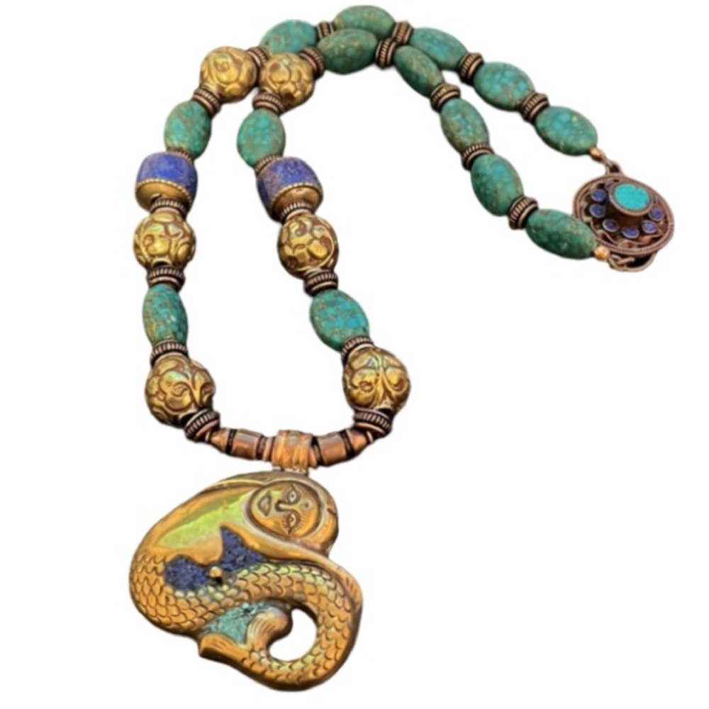 Antique Victorian Turkish Bronze Work w Turquoise Stone Beaded Mermaid Necklace - Picture 2 of 11